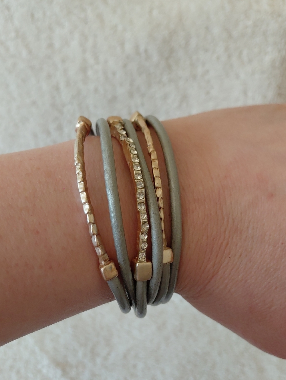 Multi-Strand Gray Leather and Gold Bracelet with Crystal Accent